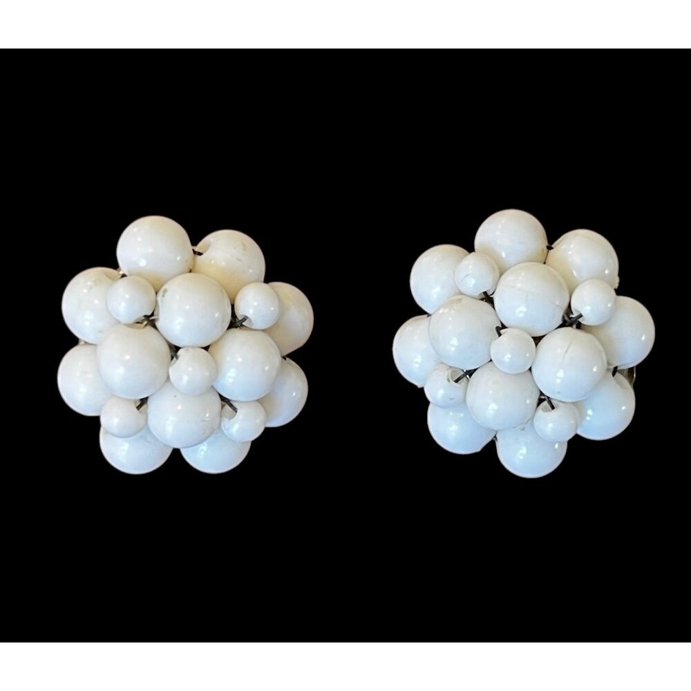 White Beaded Clip On Earrings Round Cluster Hong Kong MCM VTG